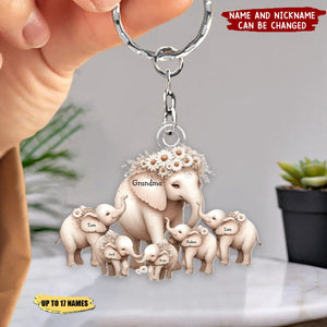 Personalized Acrylic Keychain - Elephant Grandma With Kids