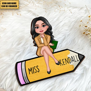 Doll Teacher Sitting On Pencil Personalized 2-Layer Wooden Plaque