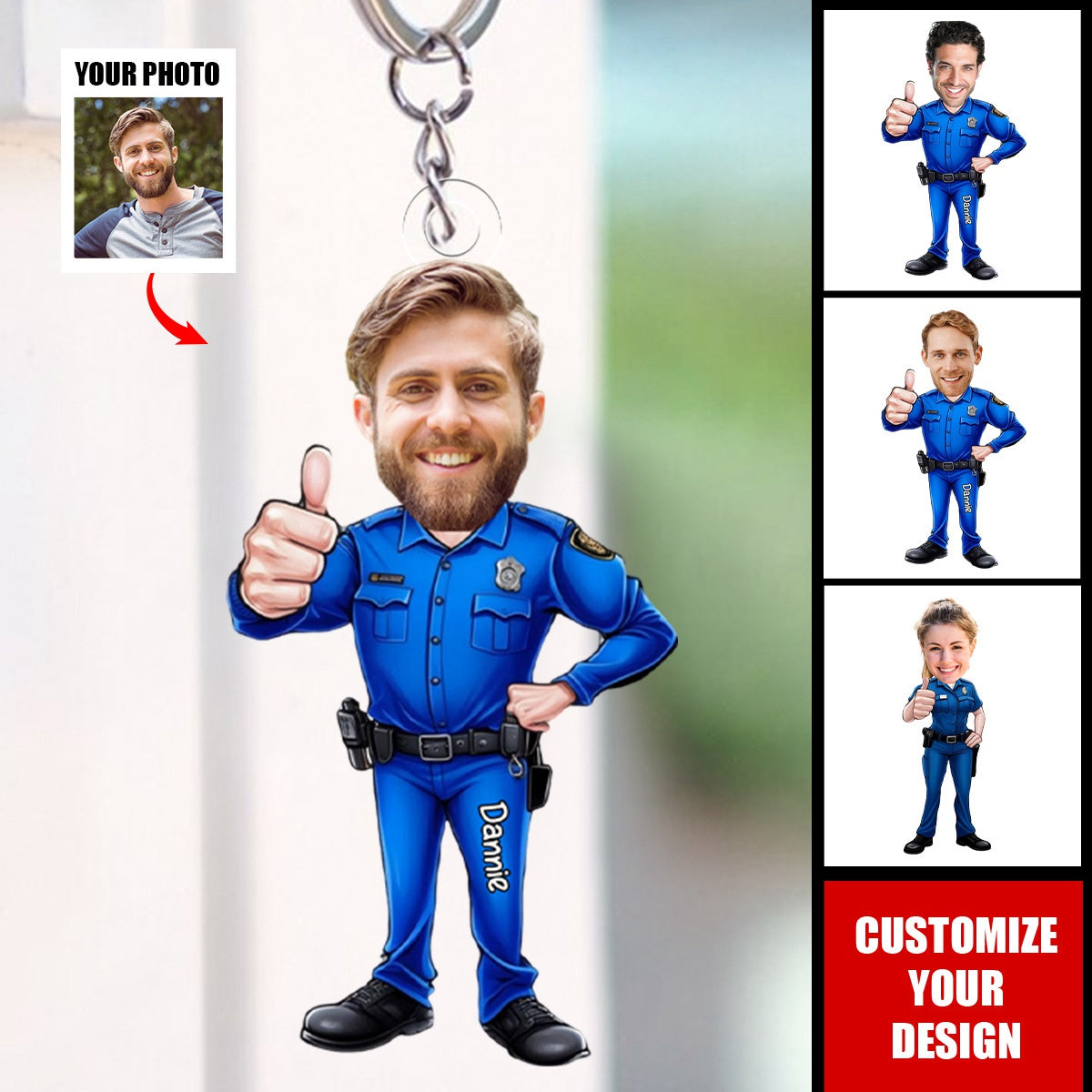 Prison Guard Cartoon Portrait - Personalized Photo Keychain - Gift for Prison Guard