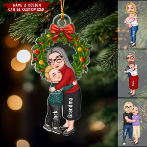 Grandma Grandpa & Grandkid Hugging Under Christmas Wreath Personalized Acrylic Ornament