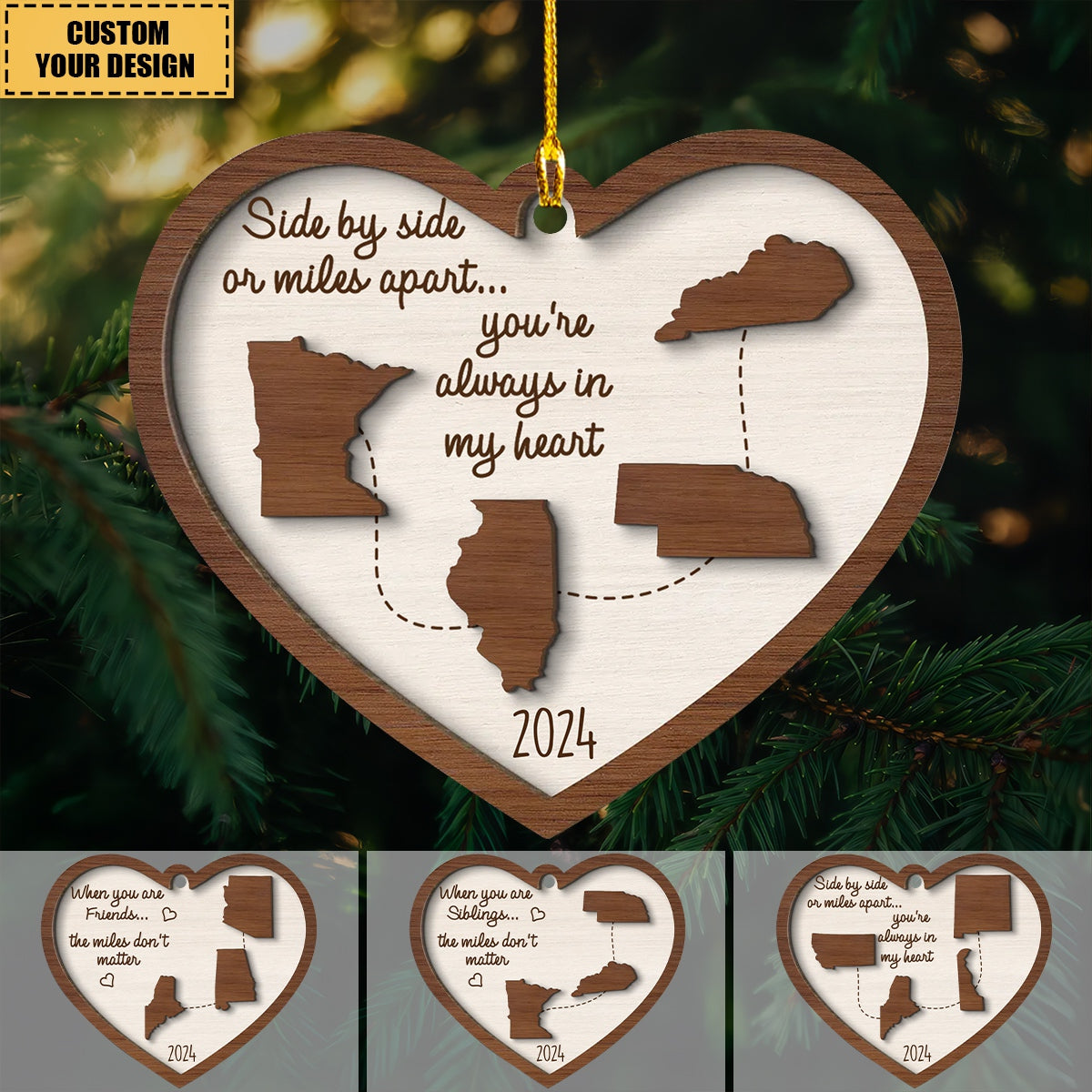 Miles Apart Long Distance Family Friendship State Map Personalized 2-Layer Wooden Ornament, Togetherness Keepsake