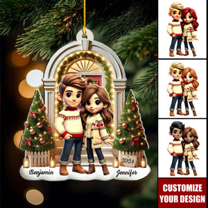 Pretty Couple Standing On The Front Porch - Personalized Acrylic Christmas Ornament