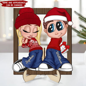 Christmas Y2K Couple Frame Personalized 2-Layer Wooden Plaque