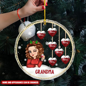 Snowman Grandma Mom - Personalized Circle Glass Ornament