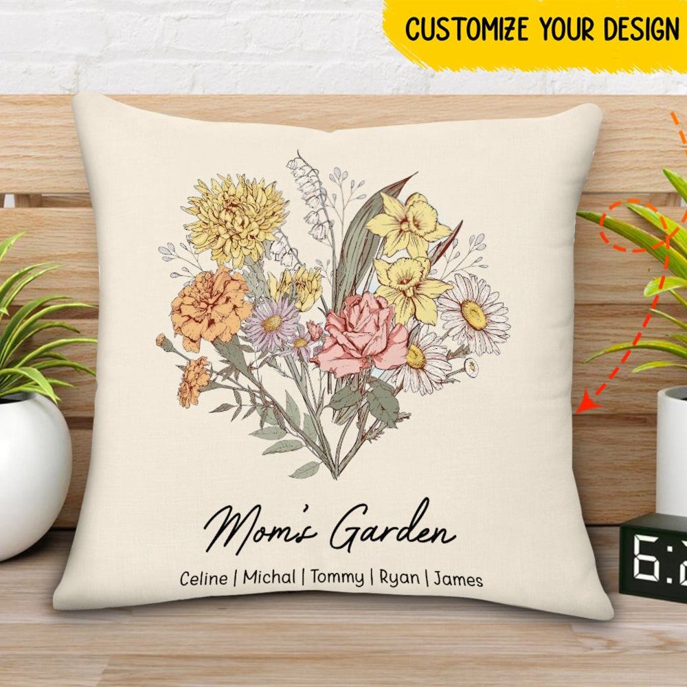 Birth Flower Family Bouquet Names Personalized Pillow