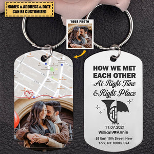 How We Met Each Other, Couple Gift, Personalized Stainless Steel Engraved Keychain, Custom Photo Couple Keychain