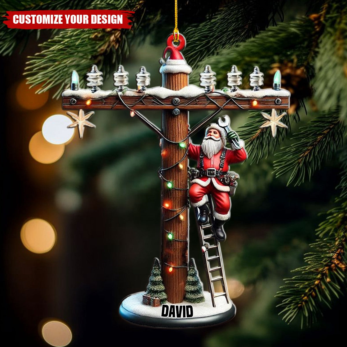 Personalized Lineman Christmas Ornament With Santa On Utility Pole