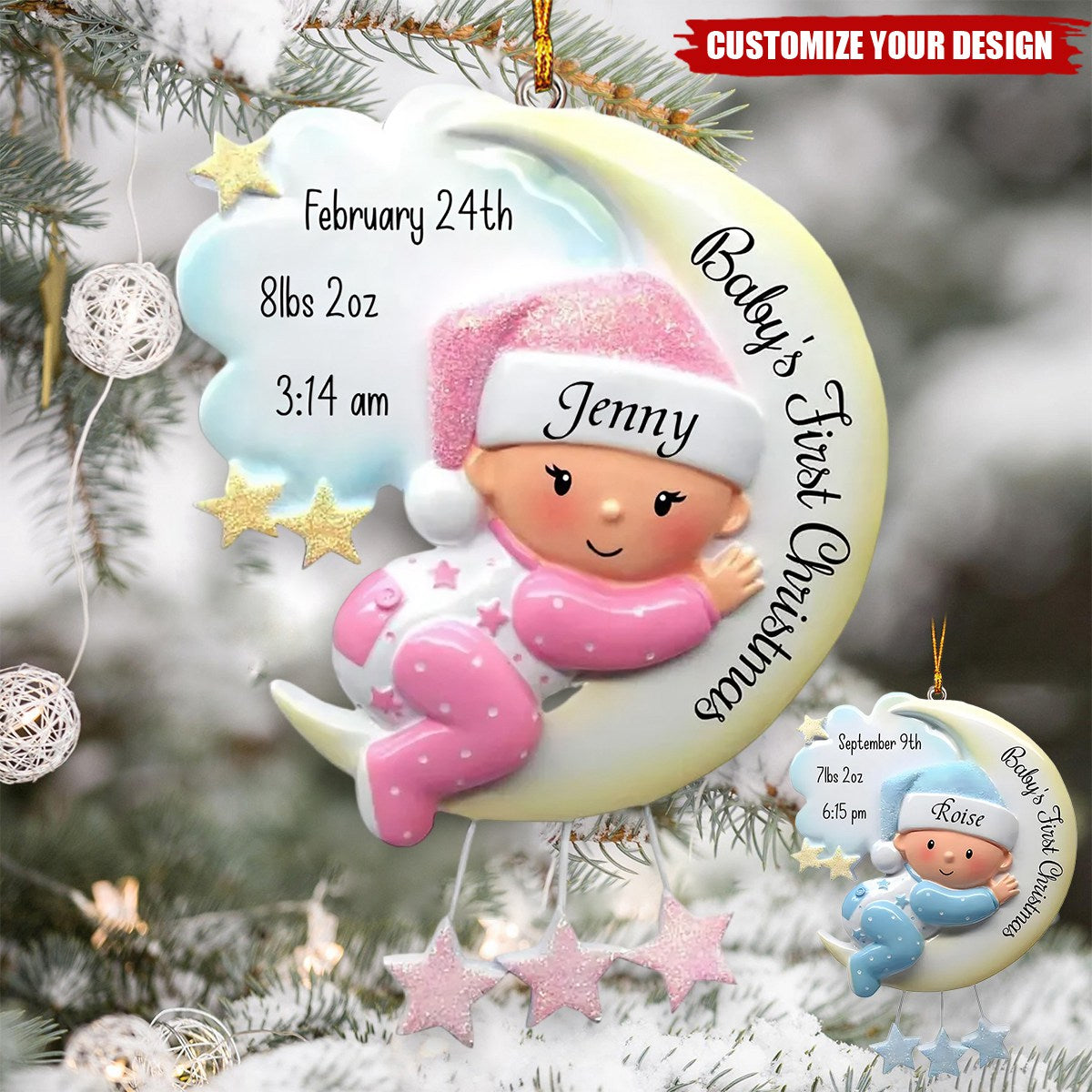 Baby Sleeping On Moon Personalized Handwritten Poly Resin Christmas Ornament