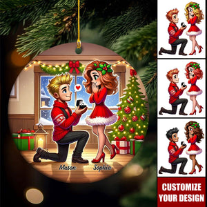 Cartoon Couple Marriage Proposal - Personalized Christmas Ceramic Ornament