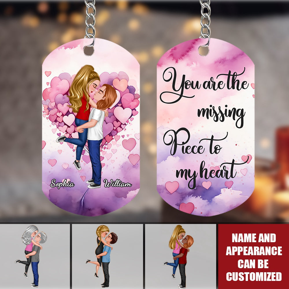 Doll Couple Kissing Hugging - Personalized Stainless Steel Keychain, Valentine's Day Gift Idea For Couple