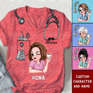 Pretty Doll Nurse Scrub CNA RN Healthcare Worker Personalized V-neck 3D T-shirt