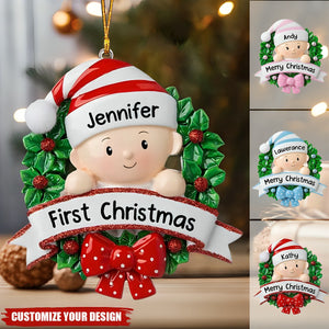 Lovely Baby On Christmas Wreath Personalized Handwritten Resin Christmas Ornament