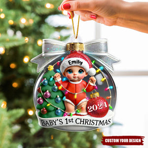 3D Effect Baby First Christmas Personalized Acrylic Ornament, Christmas Tree Bow, New Parents Keepsake, Gift for Newborn