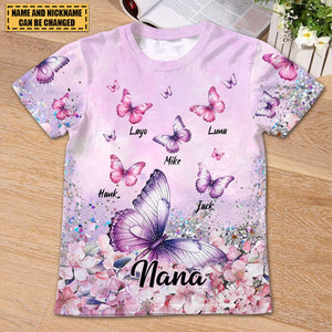 Glitter Flowery Butterfly Grandma Auntie Mom Kids Personalized 3D T-shirt