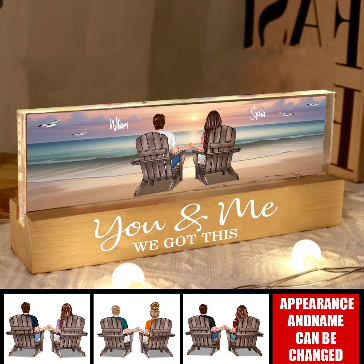 Eternal Sunset Beach Couple Personalized Acrylic Block LED Night Light