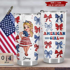 American Girl Nation Flag Bow Personalized Tumbler Cup