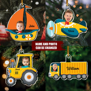 Kid Riding Container Truck/ Tractor/ Airplane/ Sailboat - Personalized Acrylic Photo Ornament