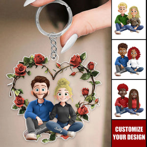 Rose Couple Sitting Cartoon Style Personalized Keychain