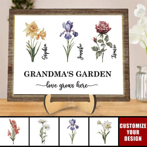 Grandma's Garden Love Grows Here Birth Month Flower - Personalized 2-Layered Wooden Frame With LED