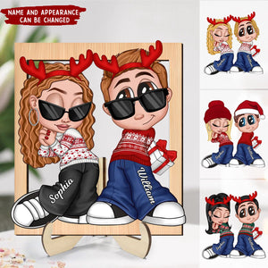 Christmas Y2K Couple Frame Personalized 2-Layer Wooden Plaque