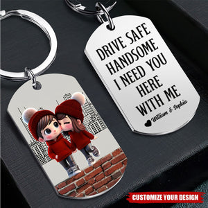 Cute Cartoon Couple Walking - Personalized Stainless Steel Keychain