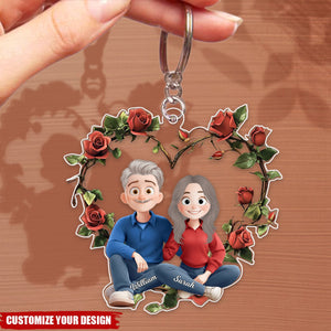 Rose Couple Sitting Cartoon Style Personalized Keychain