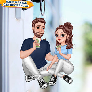 Cartoon Couple Sitting Anniversary Gift For Him Gift For Her - Personalized Keychain