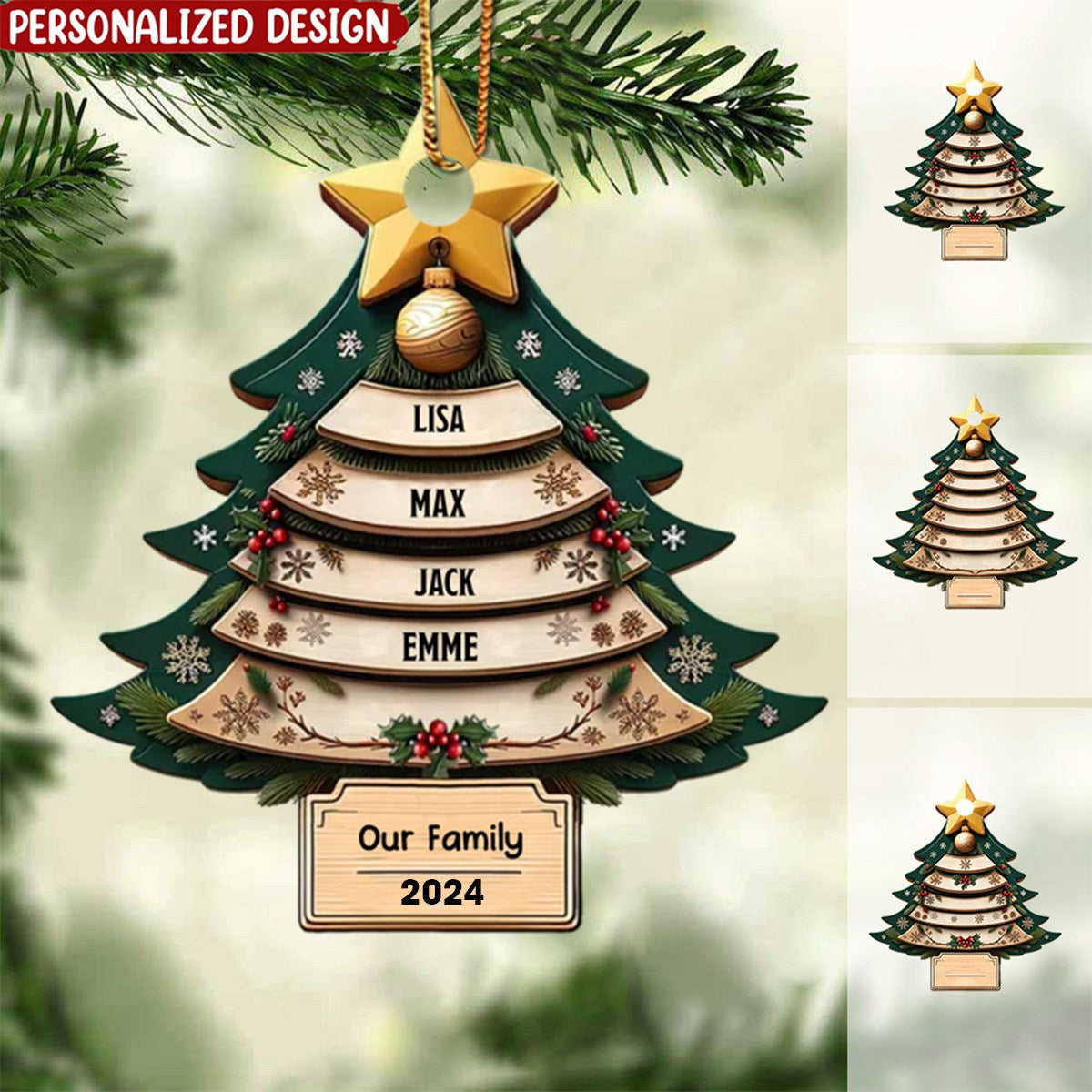 Unique Christmas Family Pine Tree, Our Family 2024 Personalized Ornament