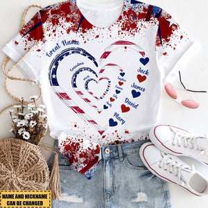 4th Of July Grandma Mom Kids Heart In Heart Personalized 3D T-Shirt