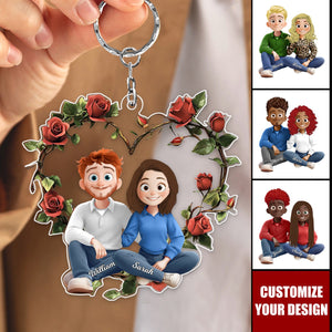 Rose Couple Sitting Cartoon Style Personalized Keychain