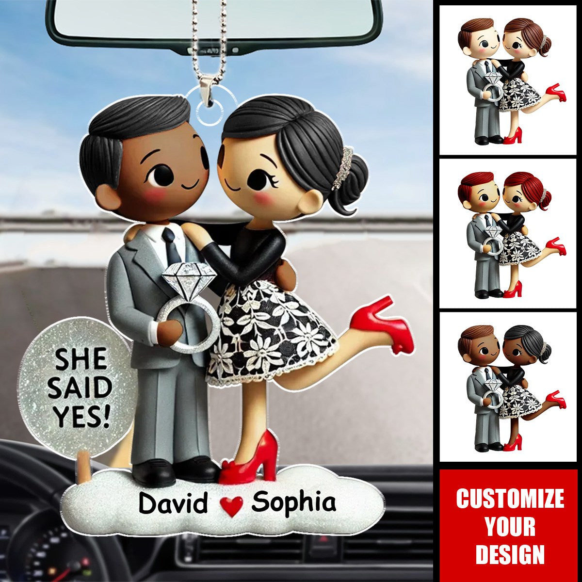 Personalized Car Ornament - Couple Engagement Ornament She Said Yes