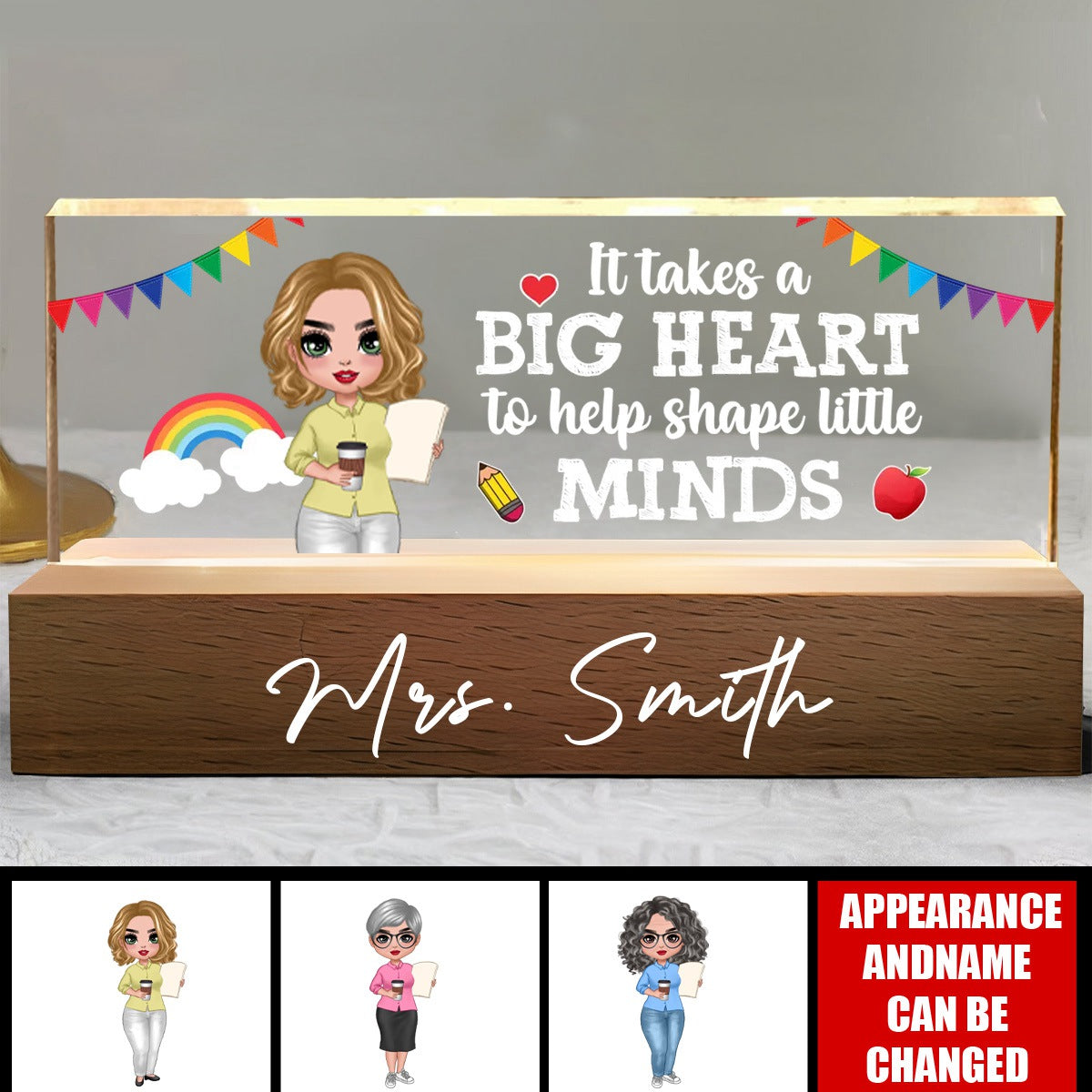 Teacher It Takes A Big Heart To Help Shape Little Mind Personalized Acrylic Block LED Night Light