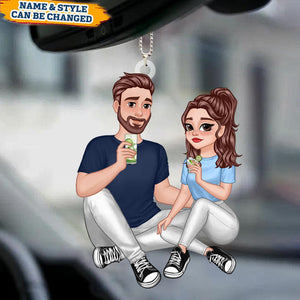 Cartoon Couple Sitting Anniversary Gift For Him Gift For Her - Personalized Car Ornament