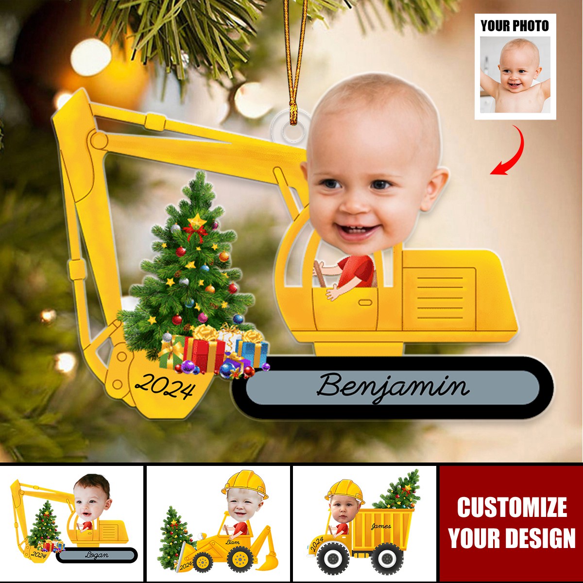 Child's Toy Truck - Personalized Acrylic Photo Ornament, Christmas Gifts for Kids