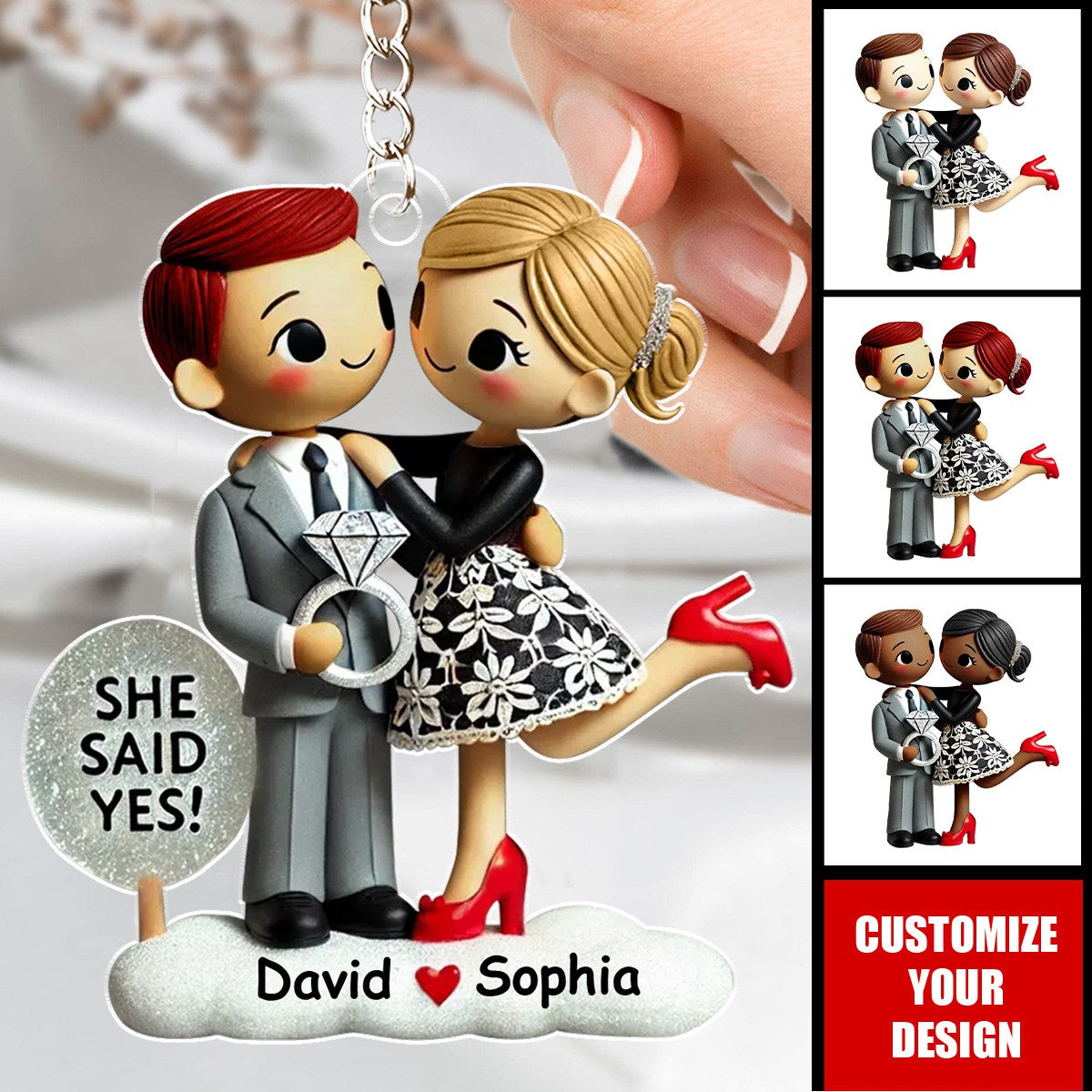 Personalized Keychain - Couple Engagement Ornament She Said Yes