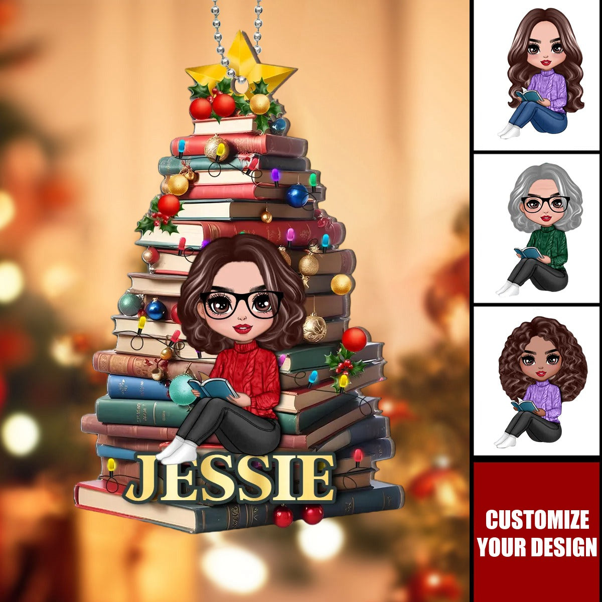 Christmas Book Tree Name Personalized 2-Layer Wooden Ornament