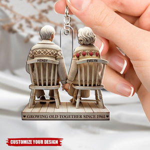 Old Couple Holding Hands Sitting Together - Personalized Acrylic Keychain, Gift For Couple