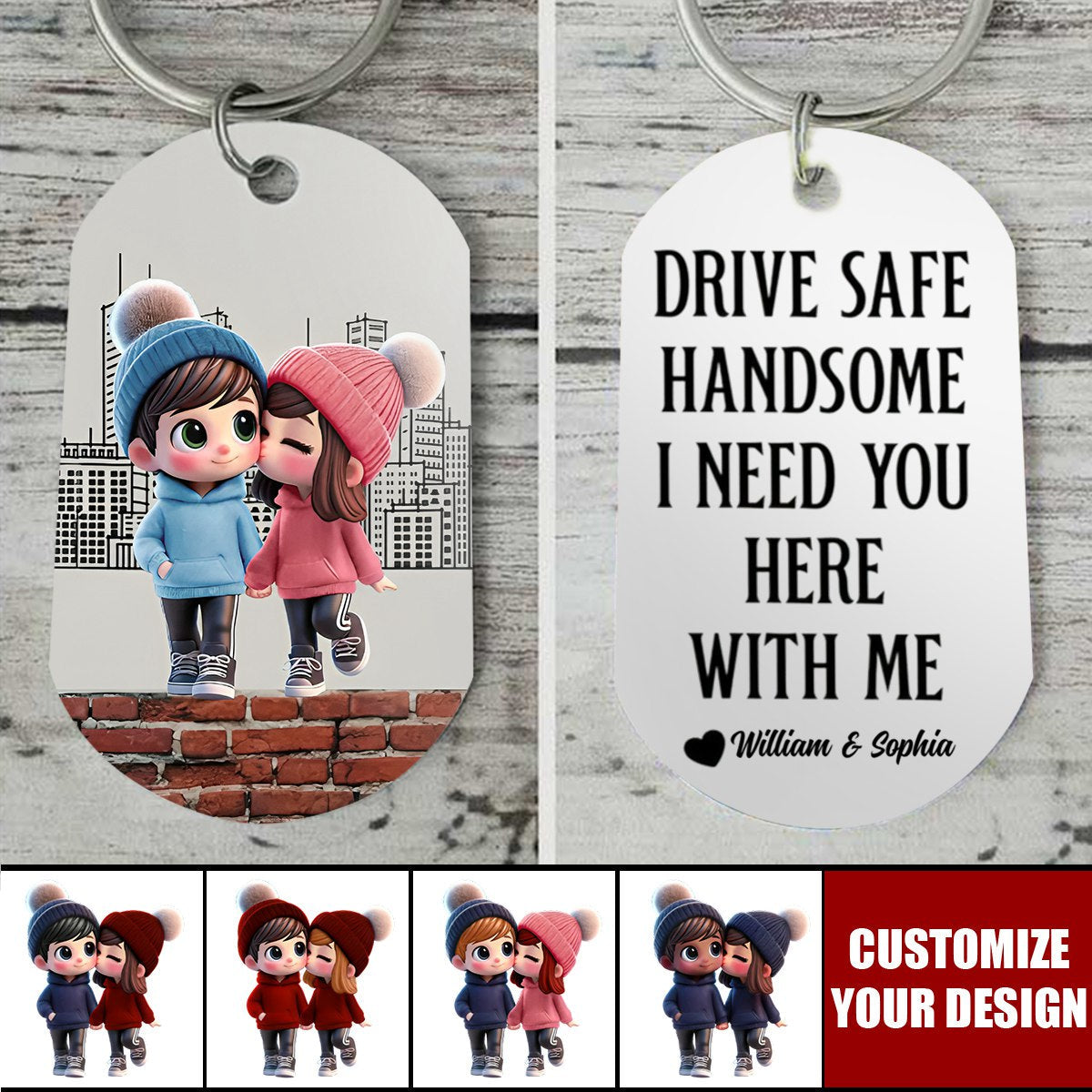 Cute Cartoon Couple Walking - Personalized Stainless Steel Keychain