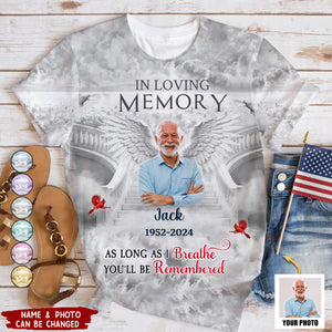 Memorial Upload Photo Wings Heaven, In Loving Memory A Big Piece Of My Heart Lives In Heaven Personalized 3D T-Shirt