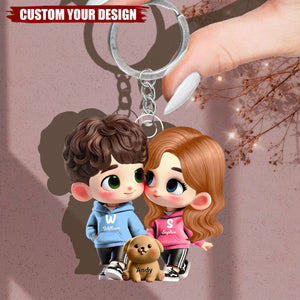 Cute Cartoon Couple Holding Hands with Dogs Cats Personalized Acrylic Keychain