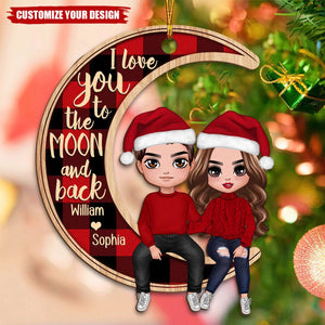 Couple Sitting On Moon Christmas Personalized Wooden Ornament