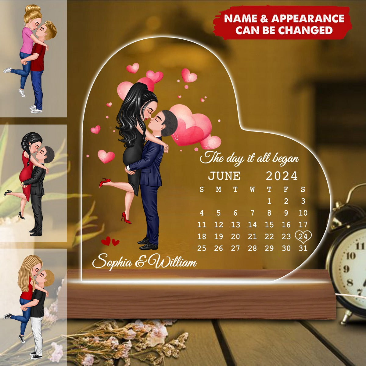 Doll Couple Hugging Kissing Calendar Anniversary Date Personalized Heart Shaped Acrylic  Plaque With LED Night Light - Anniversary Gift For Couple - Gift For Him, Gift For Her