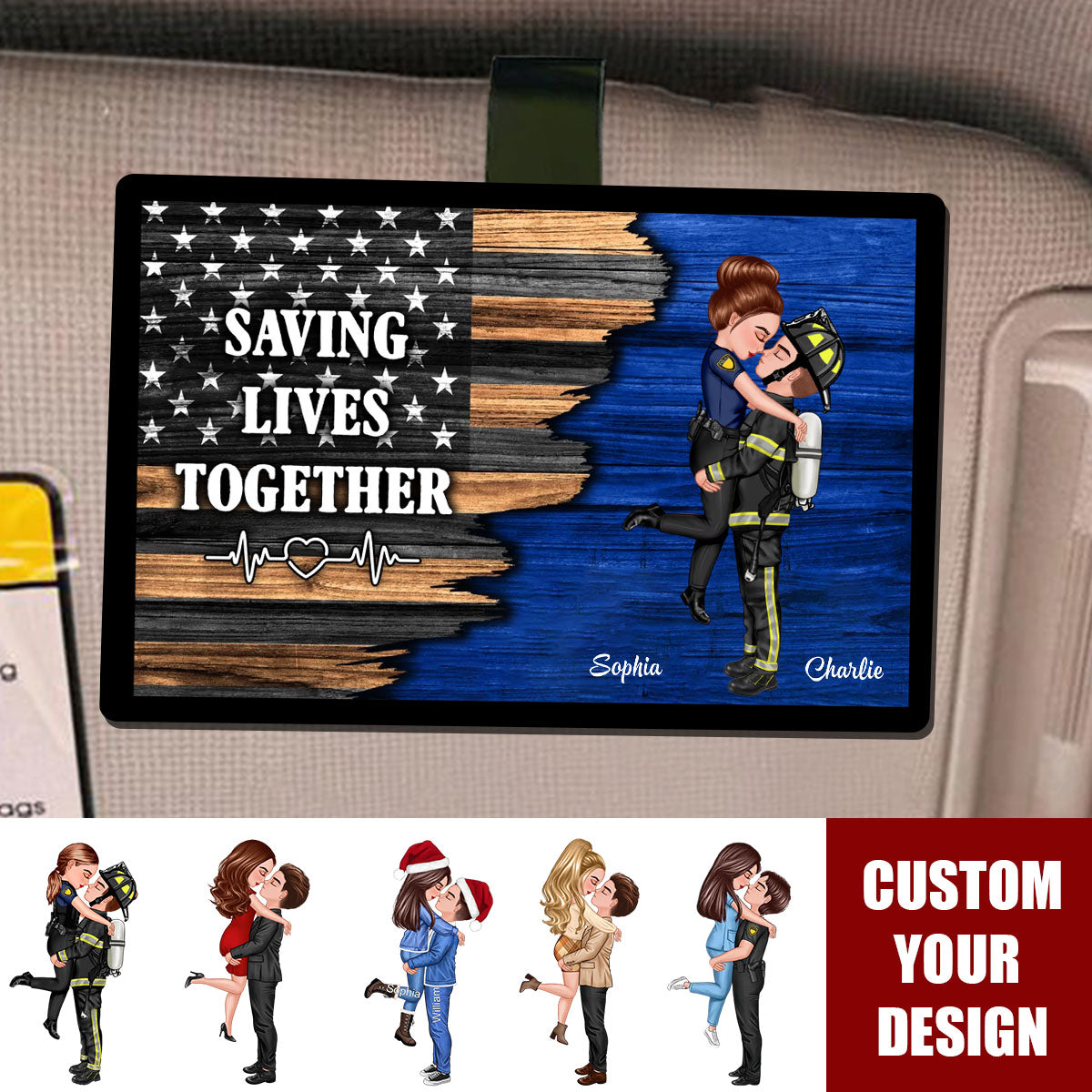 Hero Couple Hugging Kissing Half Flag Valentine's Day Gift by Occupation Gift For Her Gift For Him Personalized Car Visor