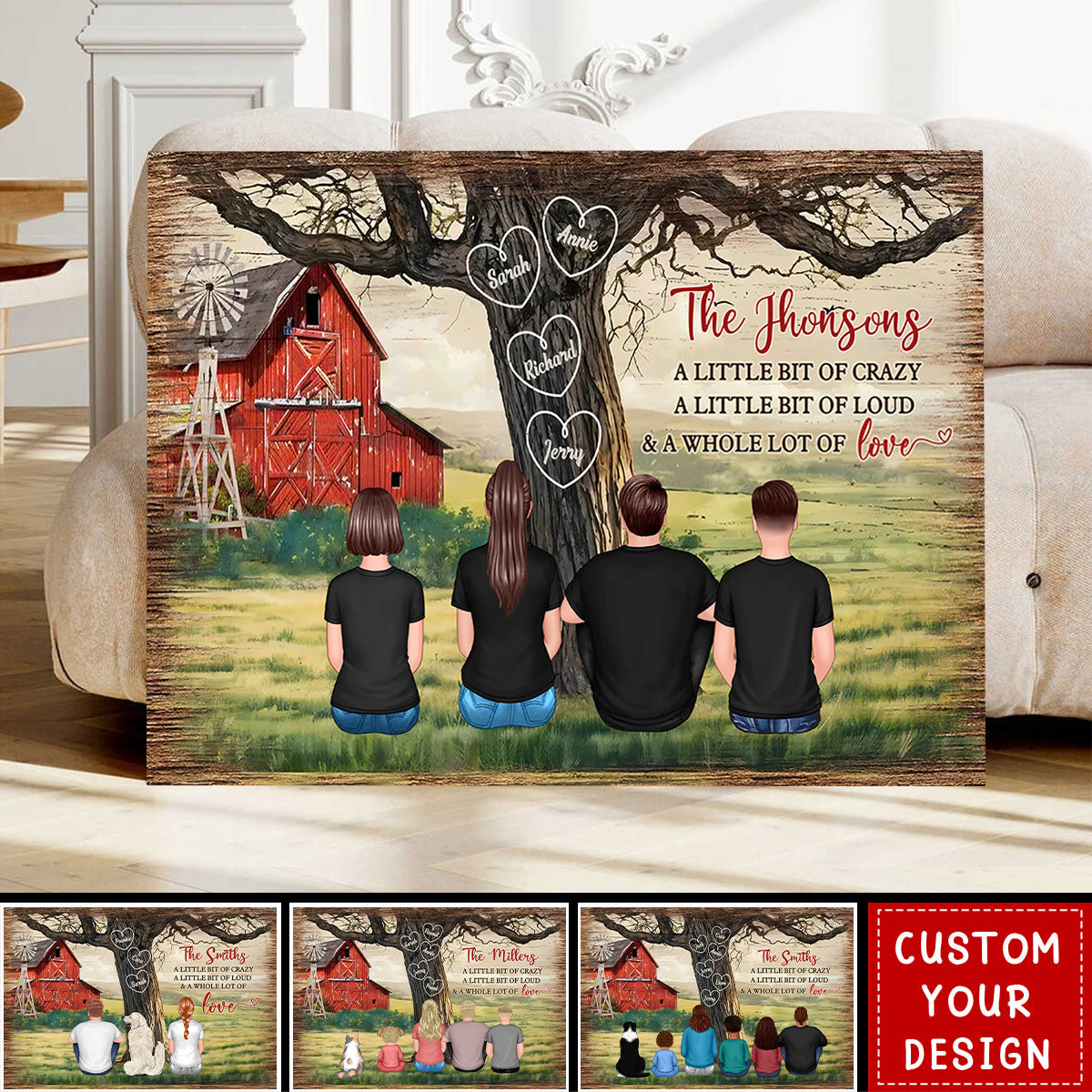 Family Sitting Back View Tree Farmhouse Personalized Poster