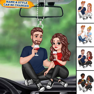 Cartoon Couple Sitting Anniversary Gift For Him Gift For Her - Personalized Car Ornament