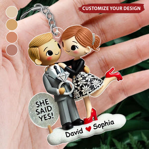 Personalized Keychain - Couple Engagement Ornament She Said Yes