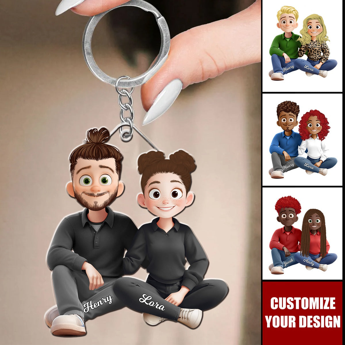 Couple Sitting Cartoon Style Personalized Keychain