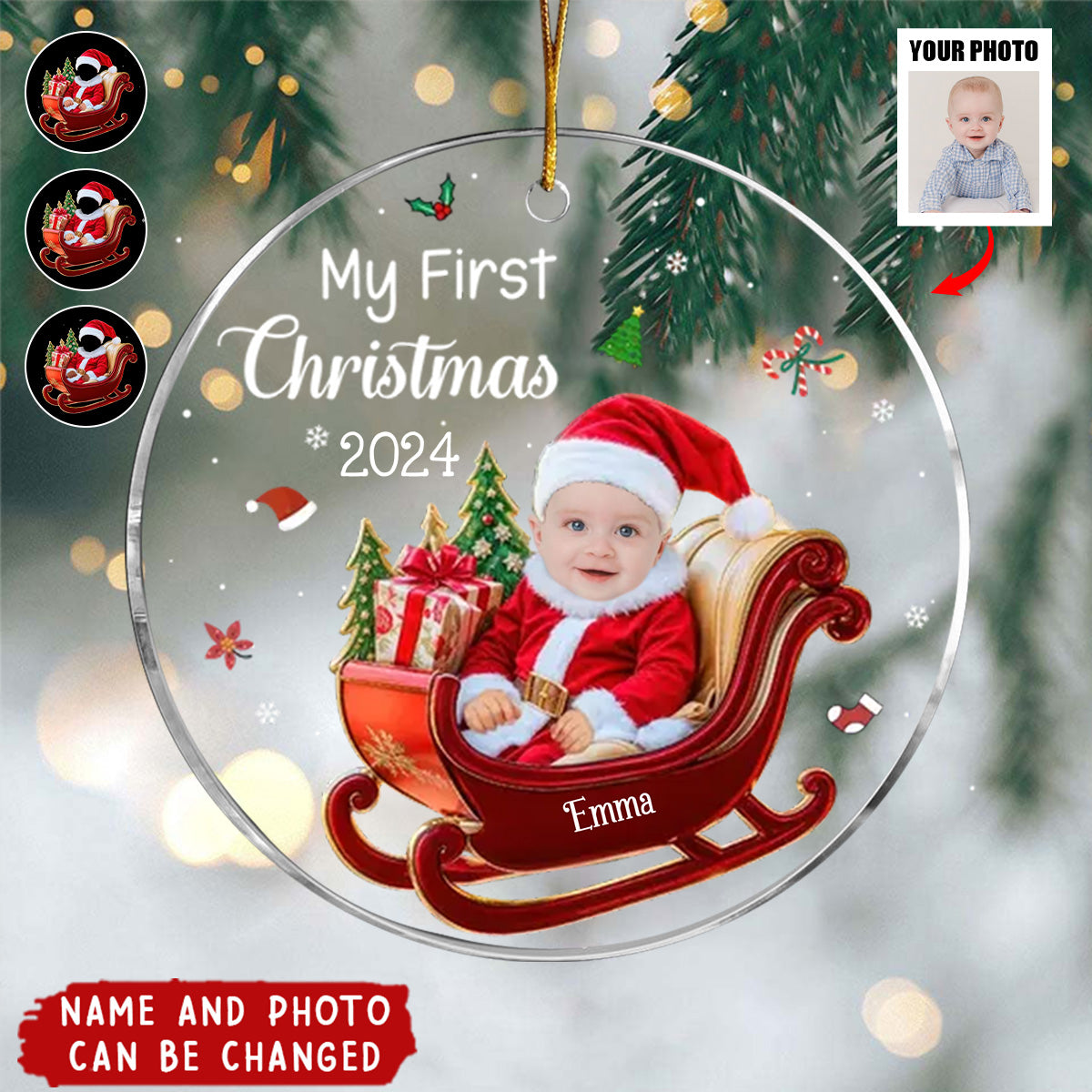 Personalized Baby 1st Christmas Custom Photo Adorable Little Santa Acrylic Circle Ornament