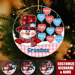 Grandma Mom Snowman Personalized Acrylic Circle Ornament - Christmas Gift