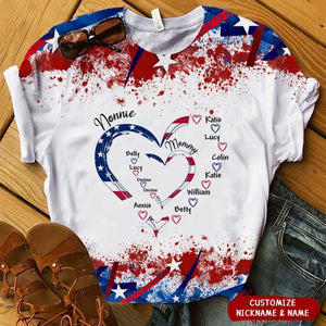 Heart Grandma Mom With Kid Name 4th July Personalized 3D T-shirt